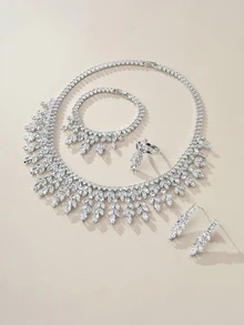 Rylithe 5pcs Women's Cubic Zirconia Necklace And Earring Set, Fashion Jewelry Set Suitable For Weddings, Dinners, Balls, And Parties - Silver - View 2