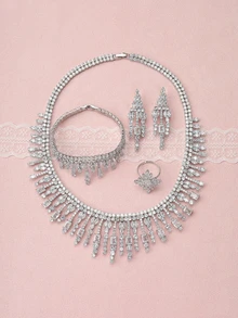 Rylithe 5pcs Women's Elegant Tassel Rhinestone Bride Necklace And Earrings Silver Set, Fashion Jewelry Set Suitable For Weddings - Silver - View 1