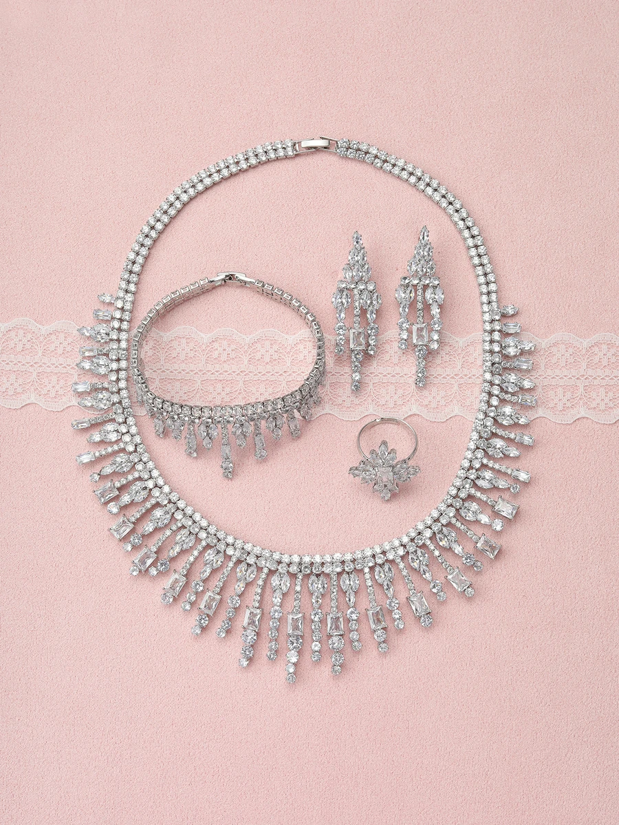 Rylithe 5pcs Women's Elegant Tassel Rhinestone Bride Necklace And Earrings Silver Set, Fashion Jewelry Set Suitable For Weddings - Silver - View 1