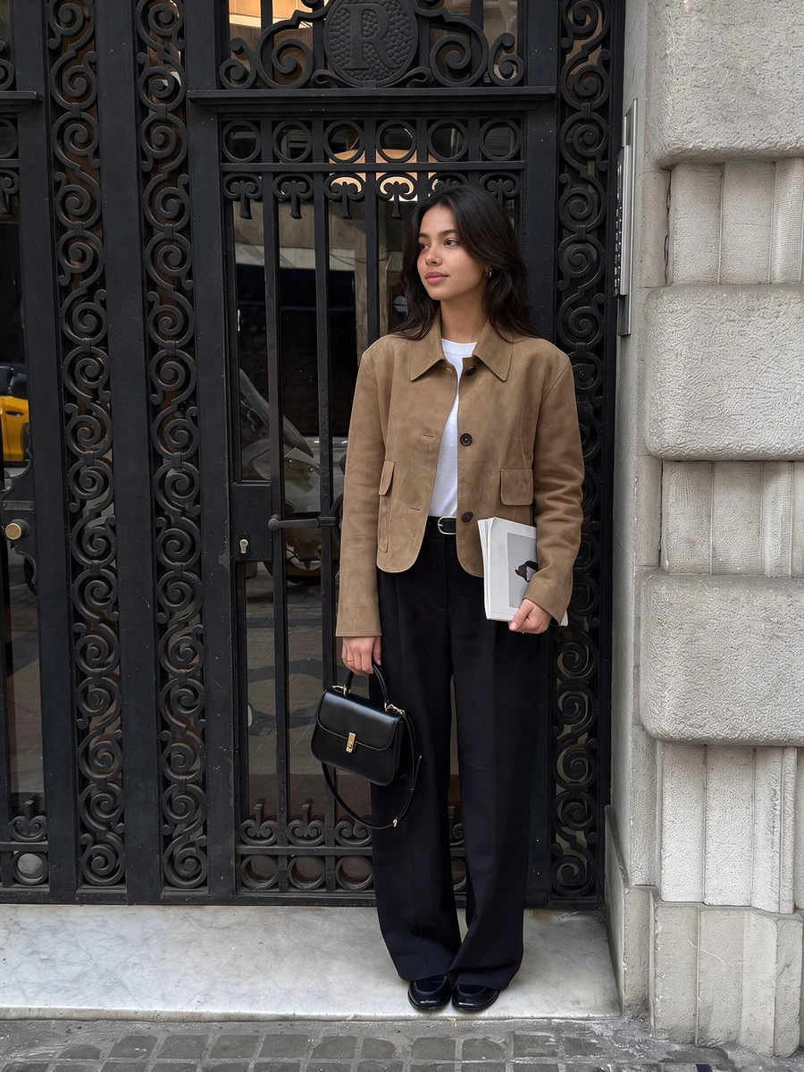 Women's Fashion Versatile Suede Short Jacket, Round Neck Long Sleeve Button Front Winter Coat, Street Style - Camel - View 1