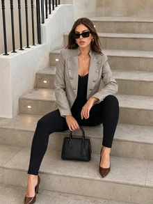 Women Fall Fashion Elegant Casual Long Sleeve Blazer For Office Work Going Out Vacation - Reddish-brown Gray - View 3