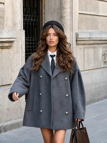 Elegant Women's Grey Coat, Regular Length Lapel Jacket, Women's Long Drop Shoulder Sleeve Outerwear, Double Button Pockets, Showcasing Fashionable Winter Style. - Grey - View 2