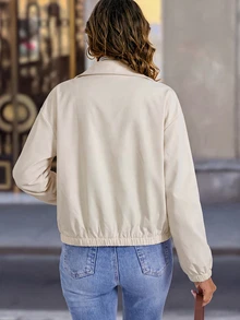 Women's Short Utility Jacket, Lapel Collar Zipper Front With Large Patch Pockets, Loose Fit Drop Shoulder Elastic Cuffs, Beige Minimalist Casual Commute Travel Daily Versatile Outerwear - Champagne - View 3