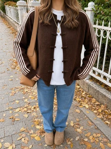 FOR BEAUTY Fall Winter Women Cardigans Y2K Chic Brown Striped Sleeve Frog Button Knit Tops Loose Crewneck Sweaters Office Brunch Casual Outfits - Brown - View 6