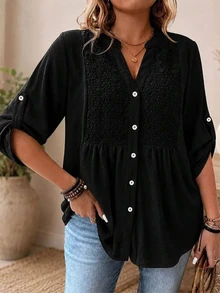 Women's Plus Size Lace Patchwork Notched Collar Front Button Long Sleeve Ruffle Blouse, Roll-Up Sleeves - Black - View 1