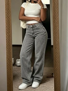 Women's Grey Straight Leg Jeans With Button Detail, Long Casual Pants, Medium Stretch, Suitable For Daily Wear - Grey - View 2