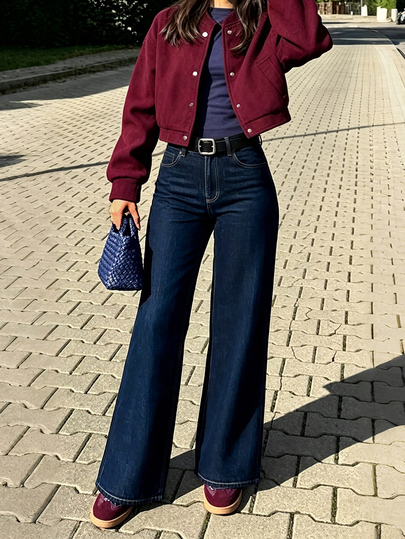 Jeans de pierna recta azul para mujer, diseño con detalle de botones, largo, atuendo casual elegante de otoño, tela de elasticidad media