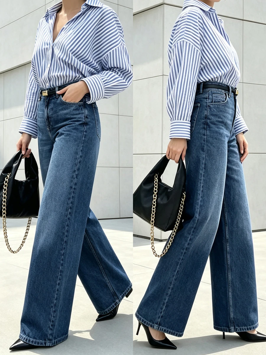 Women's Casual Elegant Washed Straight Leg Jeans, Wide Leg Long, Slightly Stretchy, Suitable For Travel, Commuting, Daily Wear And Autumn/Winter Outfits