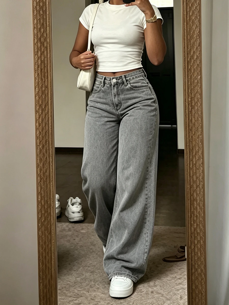 Women's Grey Straight Leg Jeans With Button Detail, Long Casual Pants, Medium Stretch, Suitable For Daily Wear - Grey - View 1
