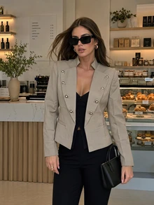 Women Fall Fashion Elegant Casual Long Sleeve Blazer For Office Work Going Out Vacation - Reddish-brown Gray - View 2