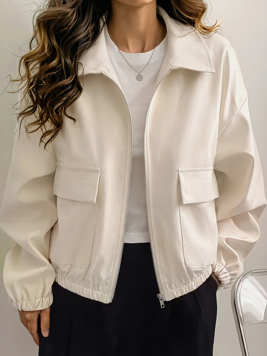 Women's Short Utility Jacket, Lapel Collar Zipper Front With Large Patch Pockets, Loose Fit Drop Shoulder Elastic Cuffs, Beige Minimalist Casual Commute Travel Daily Versatile Outerwear - Champagne - View 1