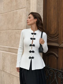 FOR BEAUTY Autumn/Winter Y2K White Ribbed Knit Women's Cardigan With Stand Collar, Slim Fit, Cinched Waist And Ruffle Hem, Fashionable For Dating, Evening Events And Outerwear - White - View 6