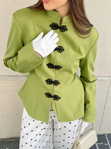 Women's Green Woven Fabric Stand Collar Long Sleeve Jacket, Decorated With Frog Buttons, Regular Length, Suitable For Autumn/Winter Wear - Green - View 1