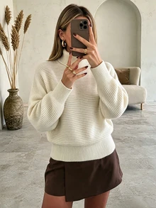 MORI Fall Winter Women Sweaters Elegant Casual Y2K Off White Turtleneck Ribbed Knit Tops Drop Shoulder Loose Pullover Streetwear Outfits - White - View 6