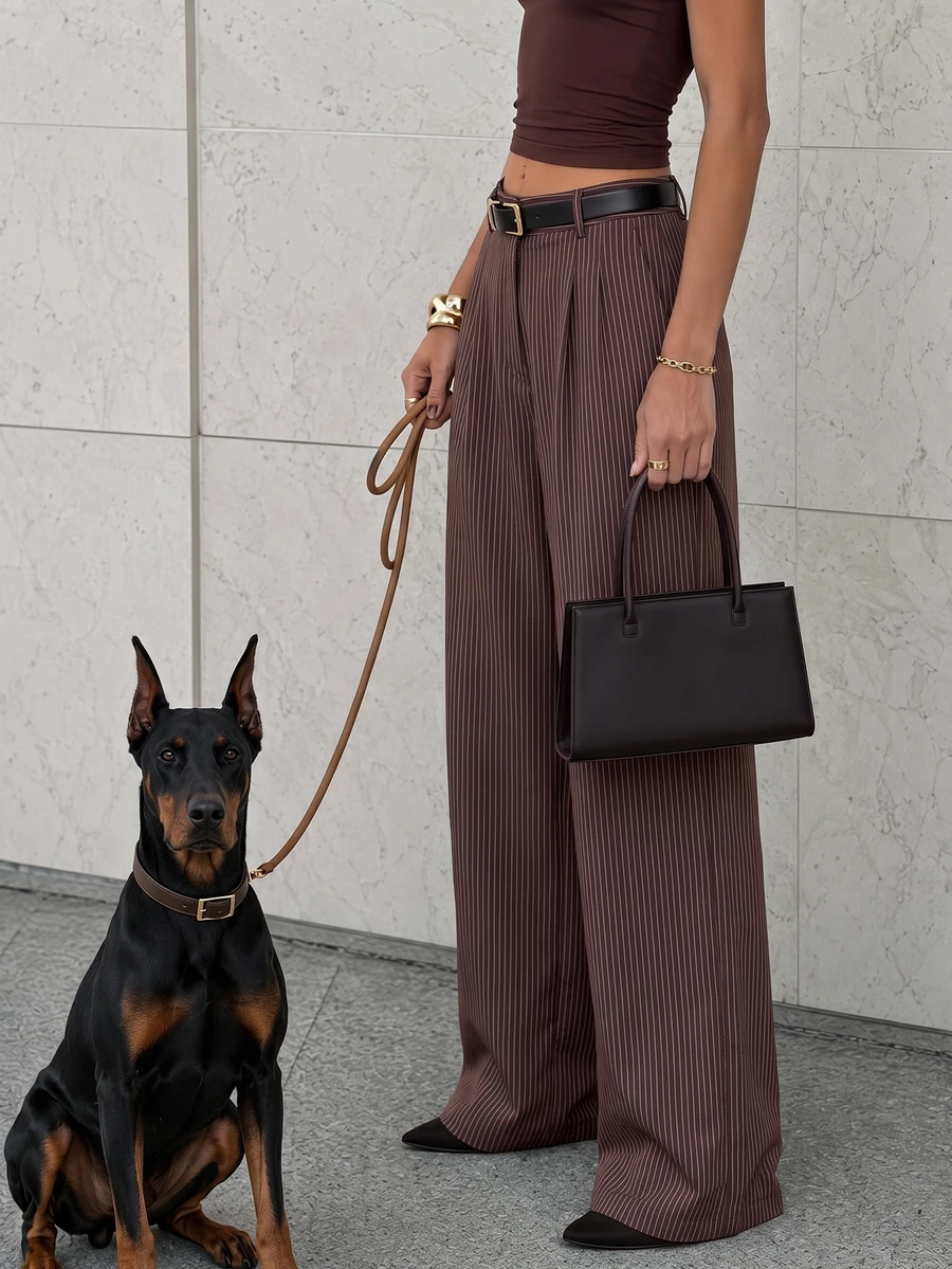 Women Fall Elegant Casual Brown Stripe Long Pants For Office Vacation Going Out - Brown - View 1