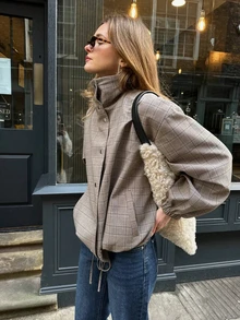 Women's Plaid High Neck Flight Jacket, Suitable For Autumn Casual Daily Wear, Loose Fit, Plaid Outerwear, Elastic Cuffs - Grey - View 2