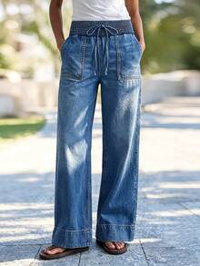 Women's Casual And Elegant Wide-Leg Denim Trousers, Featuring Pockets And A Gathered Waistband, Long, Washed, And Relaxed Fit. - Medium Wash - View 2
