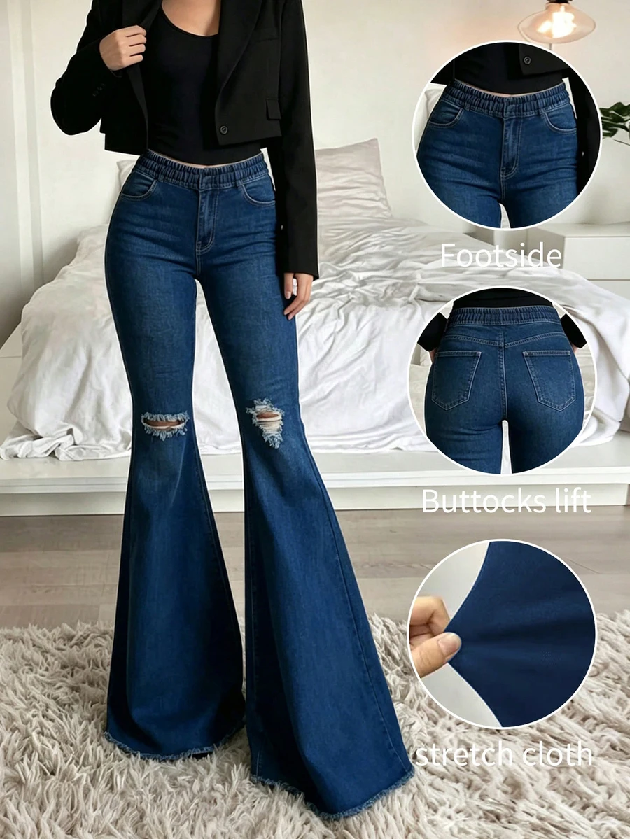 Women's Distressed Flare Jeans, Medium Stretch Wide Leg Denim Pants With Pockets And Washed Frayed Hem, Casual Style - Dark Wash - View 1