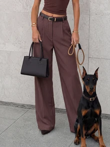 Women Fall Elegant Casual Brown Stripe Long Pants For Office Vacation Going Out - Brown - View 3