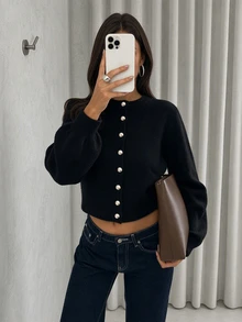 Mori 秋冬女款 Y2K 時尚毛茸茸針織開襟衫，鈕扣圓領短版上衣，街頭風穿搭 - 黑色 - 查看 6