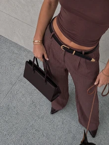 Women Fall Elegant Casual Brown Stripe Long Pants For Office Vacation Going Out - Brown - View 1