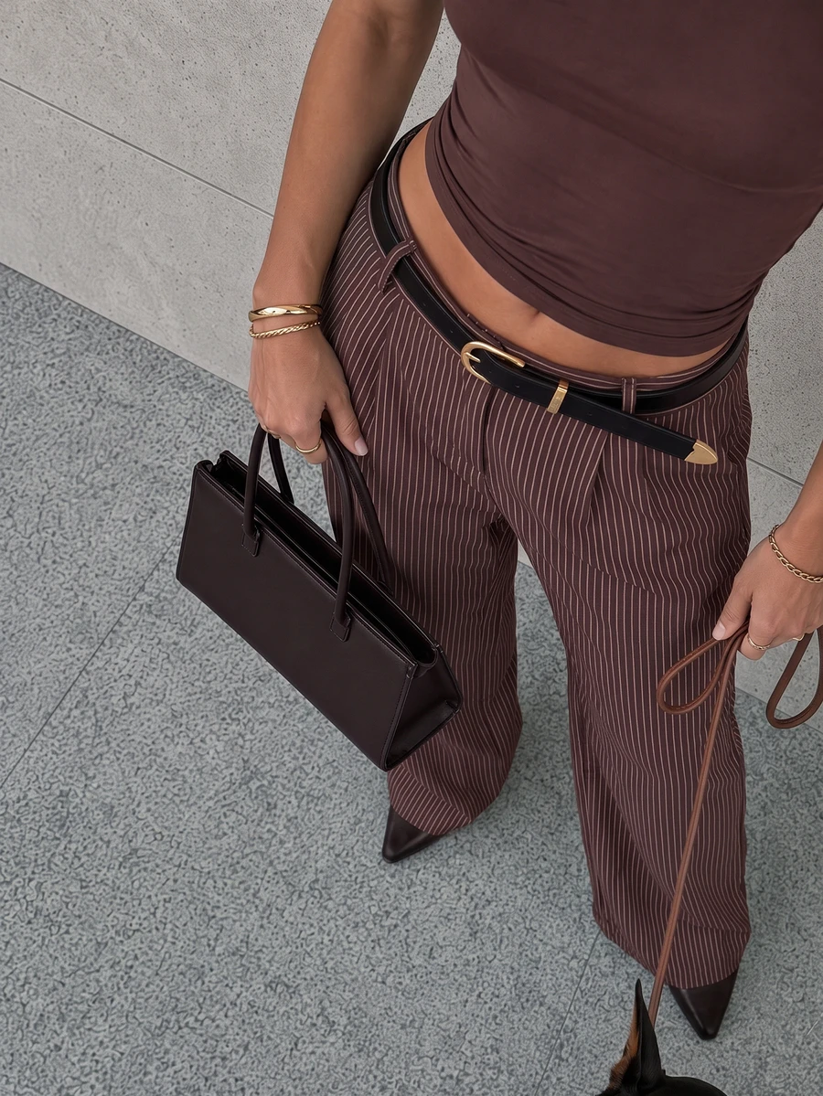 Women Fall Elegant Casual Brown Stripe Long Pants For Office Vacation Going Out - Brown - View 1