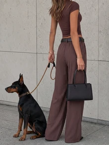 Women Fall Elegant Casual Brown Stripe Long Pants For Office Vacation Going Out - Brown - View 4