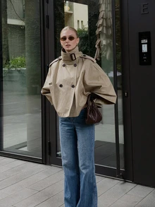Women's Fashion Solid Color Stand Collar Blouse With Button Detail, Loose Batwing Sleeve Top, Suitable For Spring And Autumn - Khaki - View 1