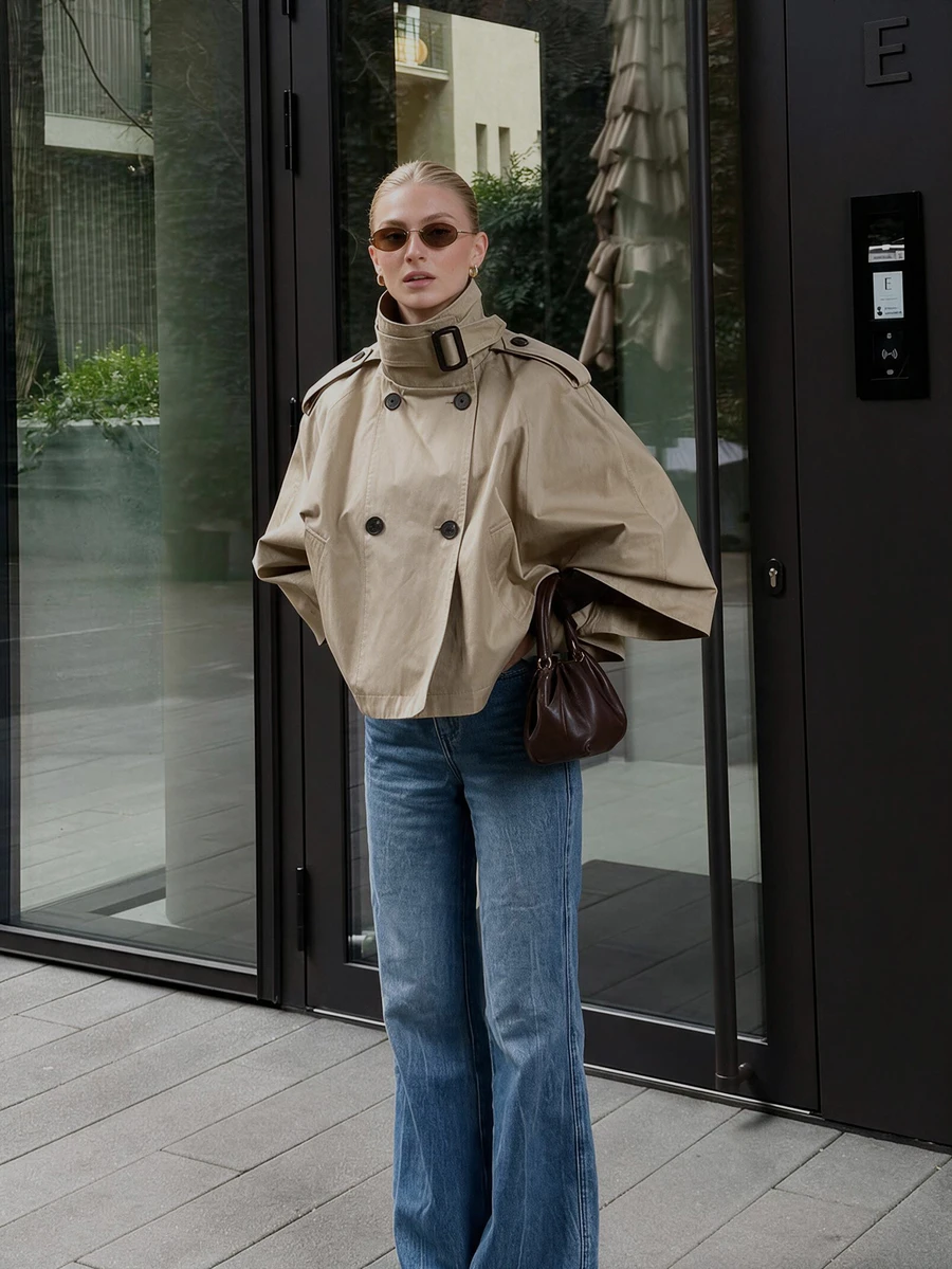 Women's Fashion Solid Color Stand Collar Blouse With Button Detail, Loose Batwing Sleeve Top, Suitable For Spring And Autumn - Khaki - View 1