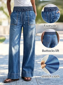 Women's Casual And Elegant Wide-Leg Denim Trousers, Featuring Pockets And A Gathered Waistband, Long, Washed, And Relaxed Fit. - Medium Wash - View 1