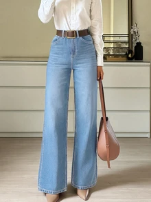 9650# Stretchy Denim Straight Leg Pants, Elegant & Fashionable, Casual & Versatile, Wide Leg Flare Women Denim Trousers Spring Fall - Light Wash - View 2