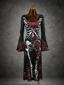 Gothic Skull Rose Long Dress, Bell Sleeve Lace Trim Knit Dress, Witch Style Halloween Costume - Black - View 7