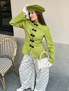 Women's Green Woven Fabric Stand Collar Long Sleeve Jacket, Decorated With Frog Buttons, Regular Length, Suitable For Autumn/Winter Wear - Green - View 2
