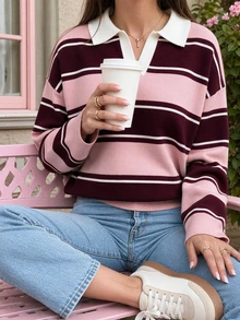 Women's Colorblock Casual Versatile Daily Wear Long Sleeve Sweater - Camellia Pink & Purple-red - View 7