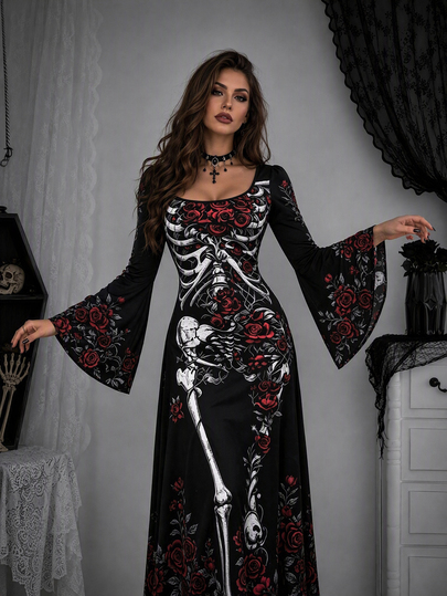 Gothic Skull Rose Long Dress, Bell Sleeve Lace Trim Knit Dress, Witch Style Halloween Costume