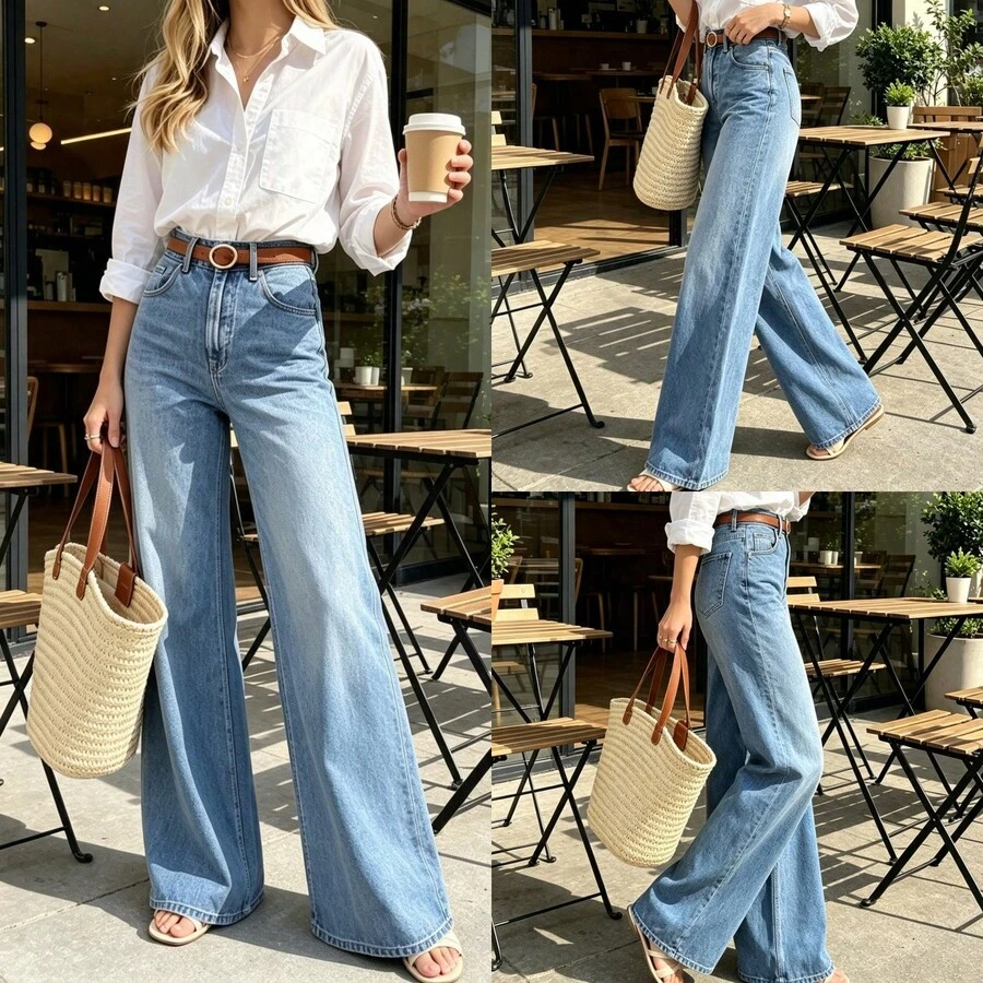 Women's Long Wide Leg Denim Jeans, Medium Stretch, Washed Finish, With Pockets, Suitable For Casual Daily Wear - Medium Wash - View 1