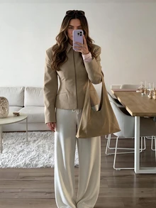 Women's Wide Shoulder Zipper Lightweight Jacket, Slim Fit Long Sleeve Solid Color Coat, Suitable For Spring And Autumn - Khaki - View 2