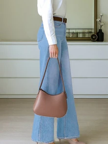 9650# Stretchy Denim Straight Leg Pants, Elegant & Fashionable, Casual & Versatile, Wide Leg Flare Women Denim Trousers Spring Fall - Light Wash - View 3