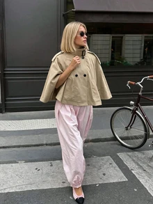 Women's Fashion Solid Color Stand Collar Blouse With Button Detail, Loose Batwing Sleeve Top, Suitable For Spring And Autumn - Khaki - View 2