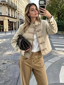Women's Beige Fitted New Chinese Style Stand Collar Frog Button Pocket Jacket, Spring/Autumn Outerwear - Beige - View 7