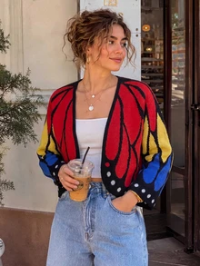 Women's Fashion Street Jacquard Colorblock Long Sleeve Knit Cardigan - Mixed Color - View 1