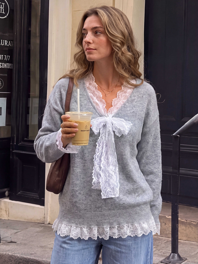 Women's V-Neck Lace Bow Knit Top, Gentle Sweet Style Loose Drop Shoulder Long Sleeve Regular Single Piece. Neckline, Cuffs And Hemline With Wavy Lace Trim, Suitable For Wearing Alone Or As An Inner Layer, Perfect For Daily Commute, Campus Date, Casual Afternoon Tea, Fits Lace Patchwork Knitwear, Bow Gentle Top, Sweet Sweater