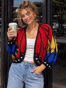 Women's Fashion Street Jacquard Colorblock Long Sleeve Knit Cardigan - Mixed Color - View 2