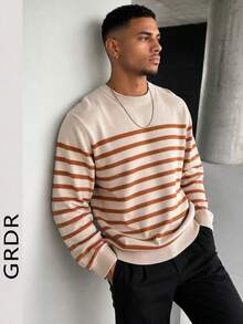 GRDR 1pc Men's Casual Striped Knit Sweater, Autumn/Winter - Burnt Orange - View 1