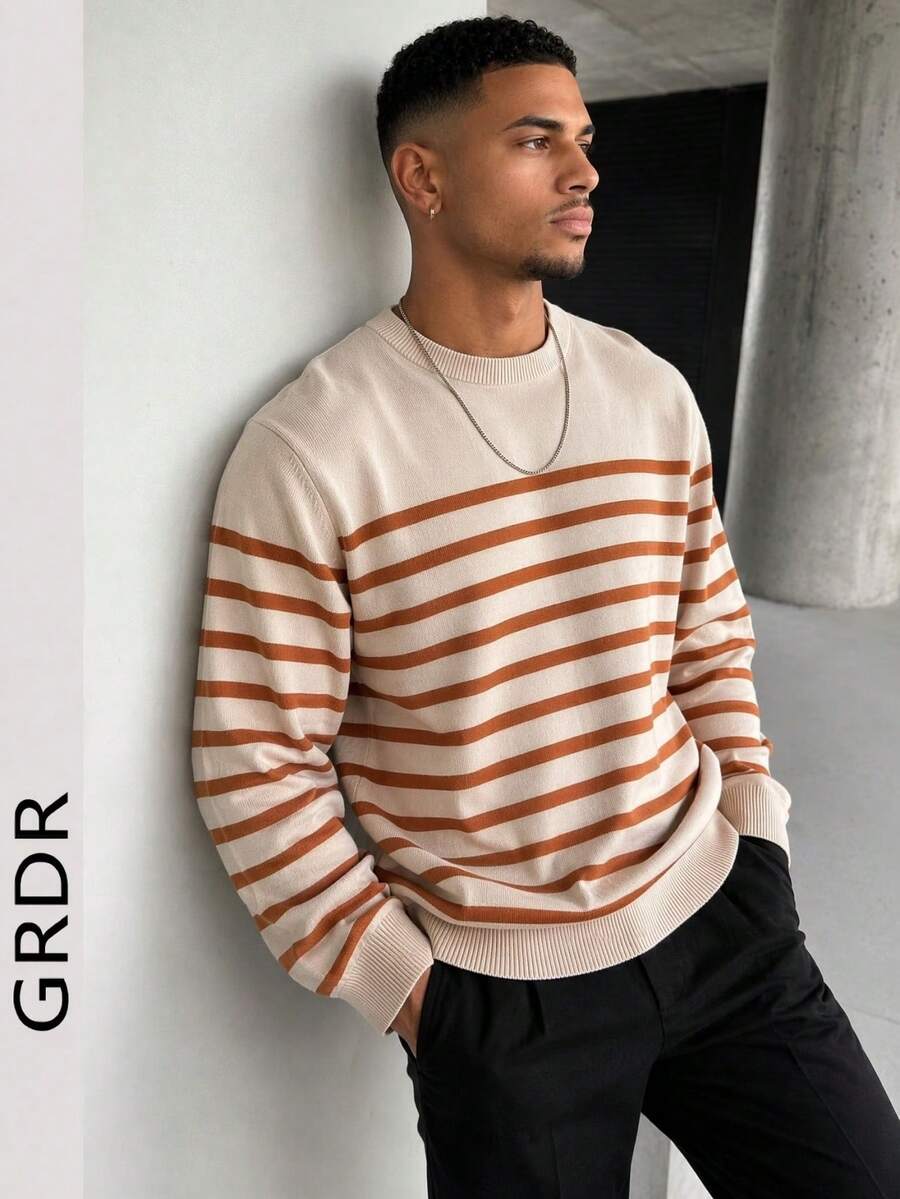 GRDR 1pc Men's Casual Striped Knit Sweater, Autumn/Winter - Burnt Orange - View 1