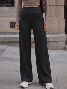 Women's Elegant Black Wide Leg Pants, High Waist Polyester Medium Stretch Trousers, Fashionable Versatile, Suitable For Daily Wear - Black - View 6