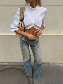 Women's Casual Colorblock Button-Up Short Shirt, Long Sleeve Curved Hem Top, White - White - View 3