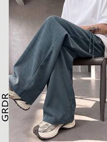 GRDR Men's Casual Corduroy Wide Leg Long Pants With Elastic Waist And Drawstring, Loose Fit With Drape And Relaxed Style - Dusty Blue - View 1