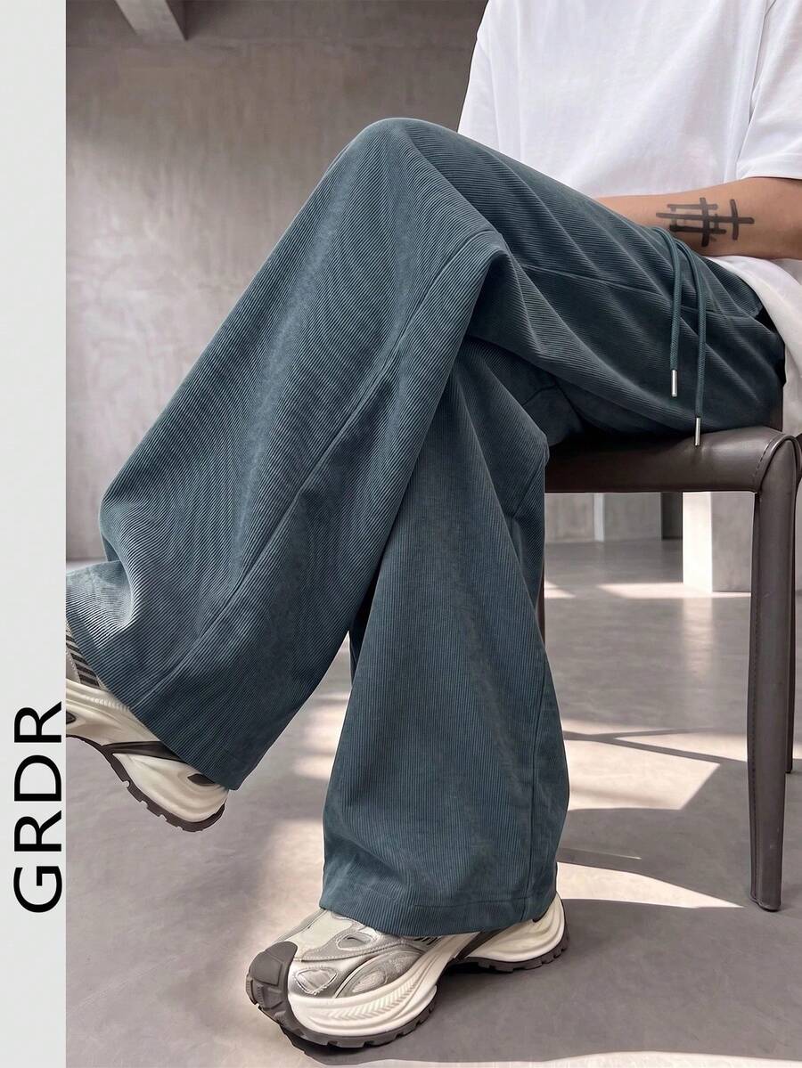 GRDR Men's Casual Corduroy Wide Leg Long Pants With Elastic Waist And Drawstring, Loose Fit With Drape And Relaxed Style - Dusty Blue - View 1