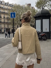 Women Fall Fashion Elegant Casual Khaki Stand Collar Button Up Long Sleeve Short Jacket For Office Going Out Vacation - Khaki - View 3